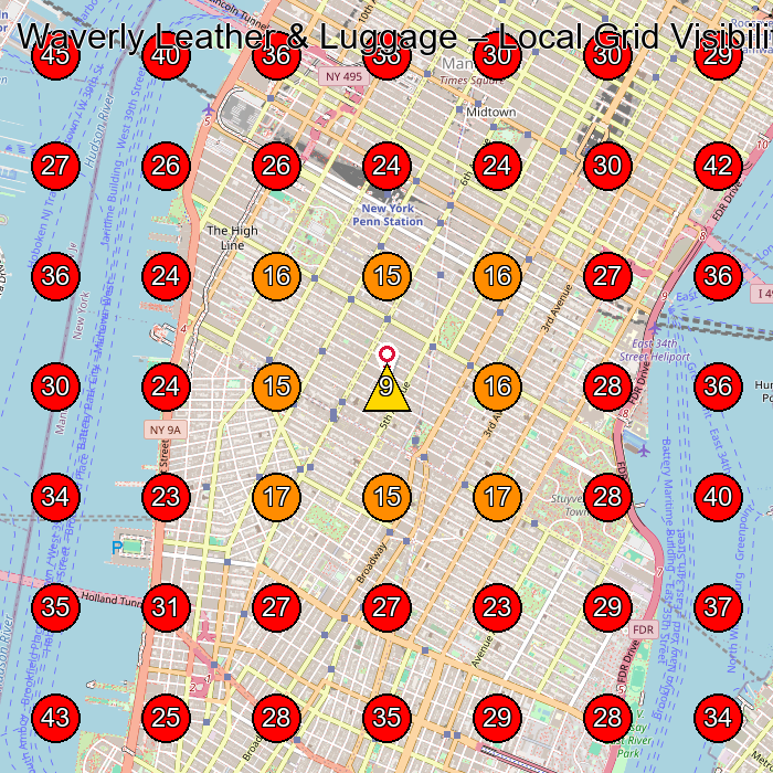Waverly Leather & Luggage GeoGrid visibility map for Leather Goods Store in New York